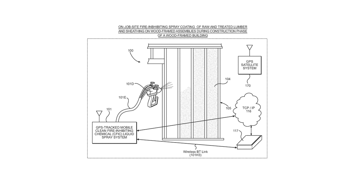 Patent drawing for Method of providing class-A fire-protection to wood-framed buildings using on- …