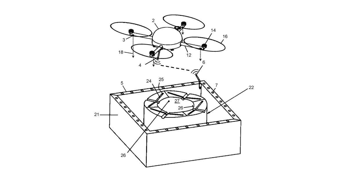 Patent drawing for Autonomous system for unmanned aerial vehicle landing, charging and takeoff