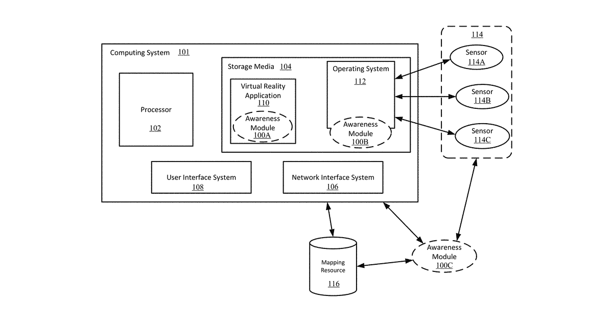 Patent drawing for Real-world awareness for virtual reality
