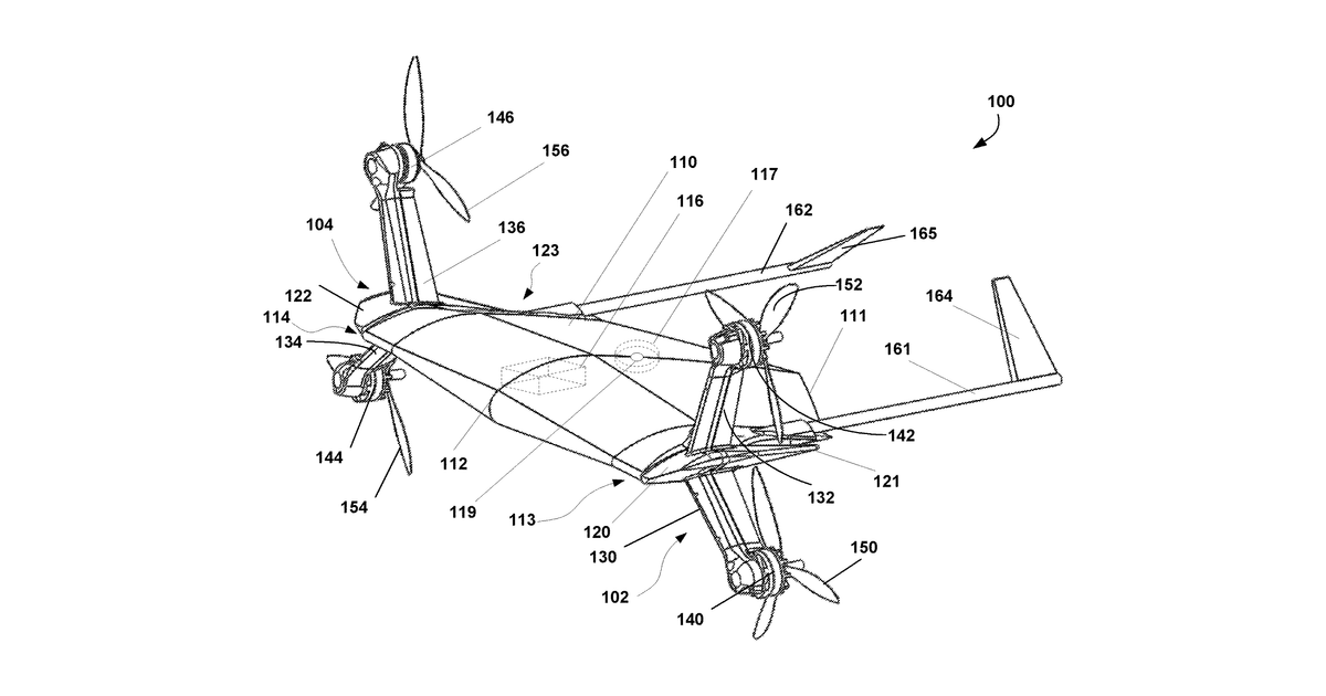 Patent drawing for Unmanned aerial vehicle with monolithic wing and twin-rotor propulsion/lift modules