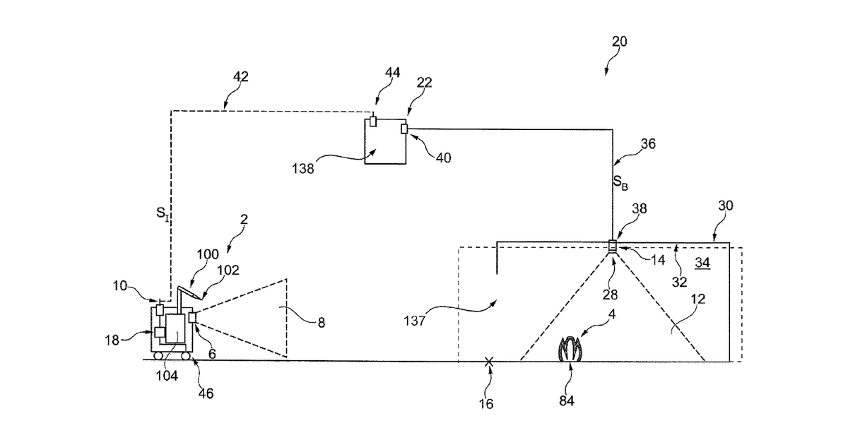 Patent drawing for Unmanned vehicle, system, and method for initiating a fire extinguishing action