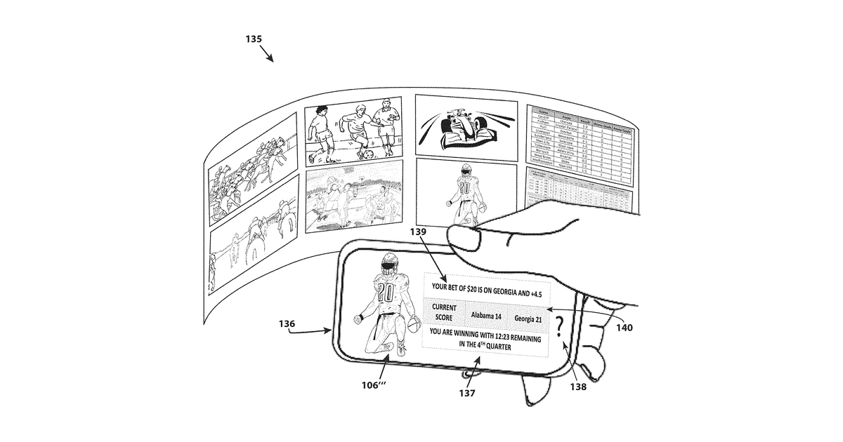 Patent drawing for Method of allowing a player to wager via an augmented reality device on a real world event displayed on a virtual video display that is being viewed by the augmented reality device