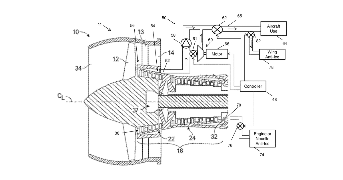 Patent drawing for Engine bleed system with motorized compressor