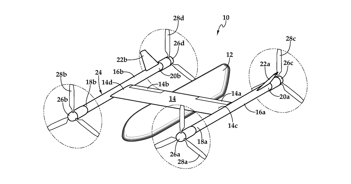 Patent drawing for Tiltrotor aircraft having tiltable forward and aft rotors