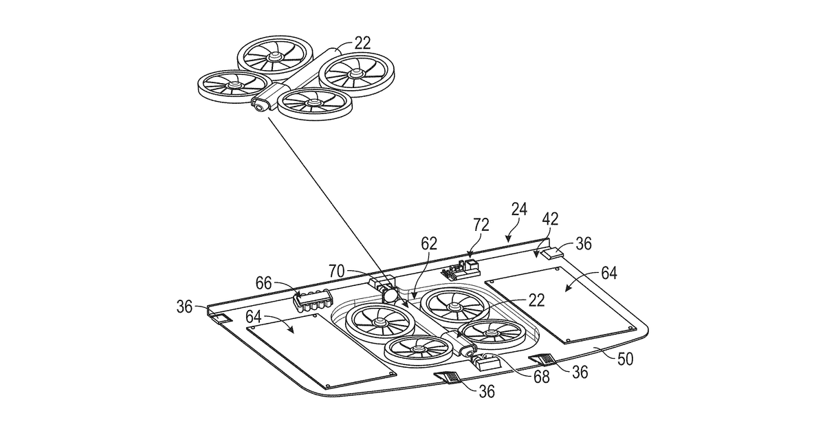 Patent drawing for Vehicle moonroof systems for docking and cooling unmanned aerial vehicles