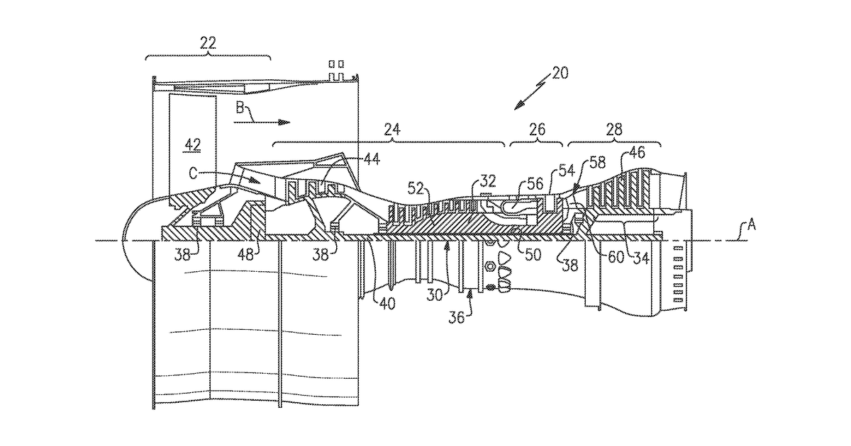 Patent drawing for Geared turbine engine with relatively lightweight propulsor module