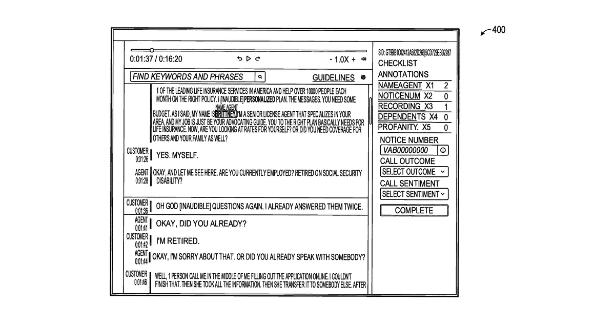 Patent drawing for Tool for annotating and reviewing audio conversations