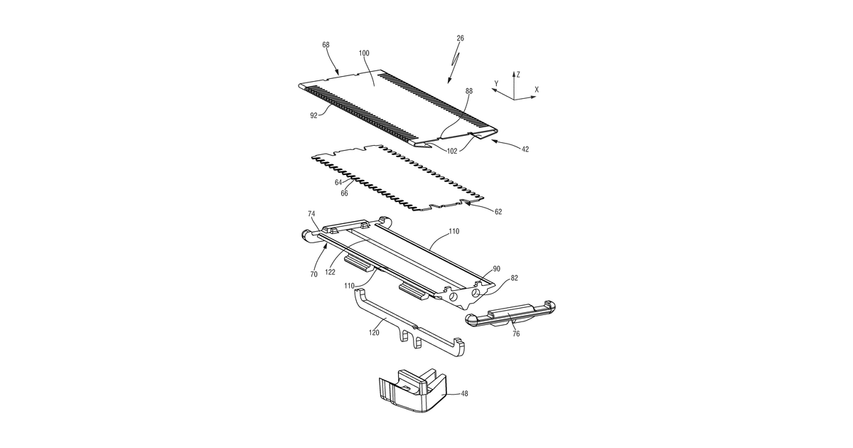 Patent drawing for Blade set for a hair cutting appliance arranged to be moved through hair in a moving direction to cut hair
