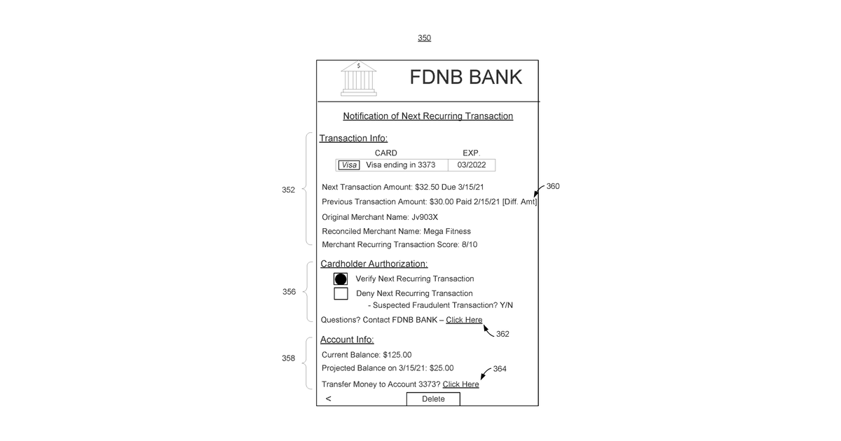 Patent drawing for Intelligent recurring transaction processing and fraud detection