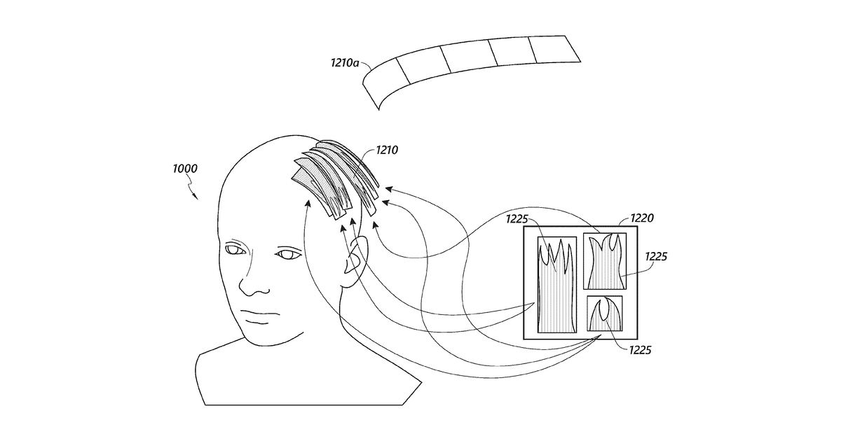 Patent drawing for Generating textured polygon strip hair from strand-based hair for a virtual character