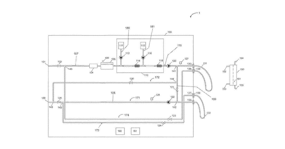 Patent drawing for Dialysis machines and methods of disinfecting a dialysis machine