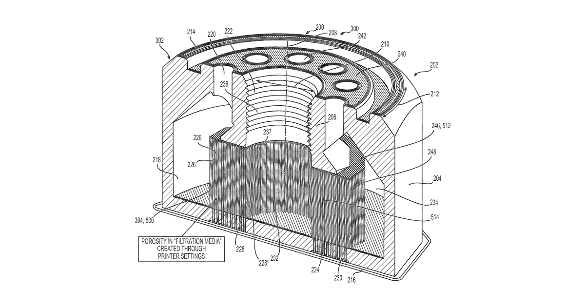 Patent drawing for 3D printed staged filtration media packs