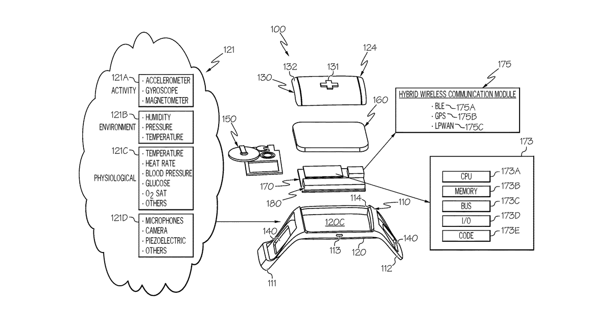 Patent drawing for Wearable electronic device and system for tracking location and identifying changes in salient indicators of patient health