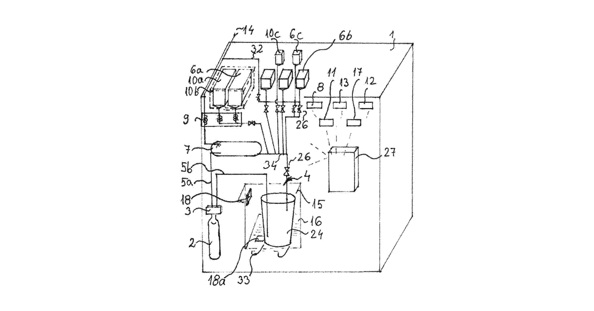 Patent drawing for Equipment and method for self-service mixing and dispensing carbonated fermented drinks from concentrates