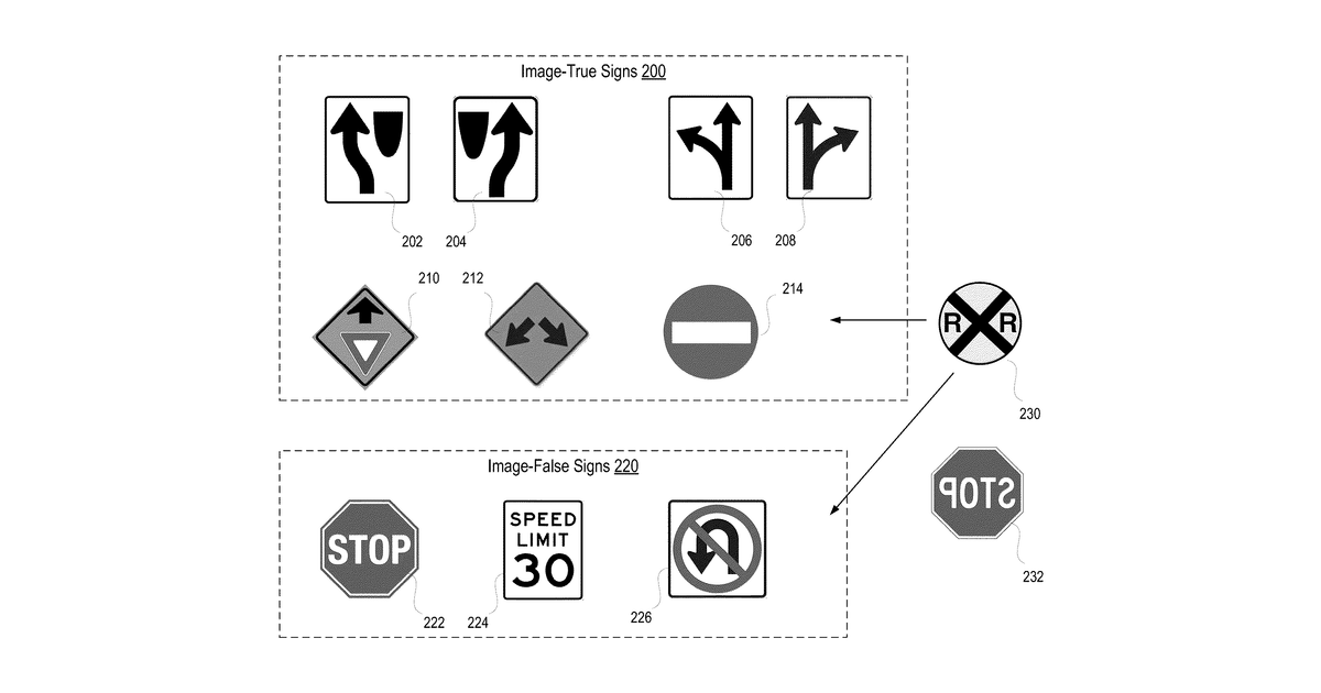 Patent drawing for Identification of real and image sign detections in driving applications