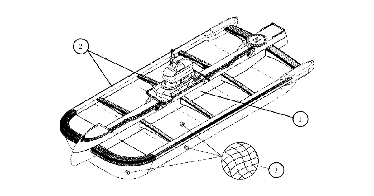 Patent drawing for Altamar mobile fish farming center for the development of hydrobiological species