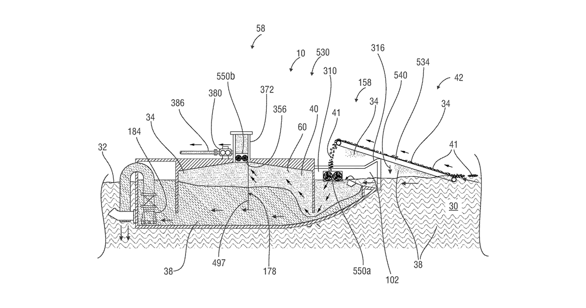 Patent drawing for Systems, apparatus and methods capable of collecting and processing floating solid materials