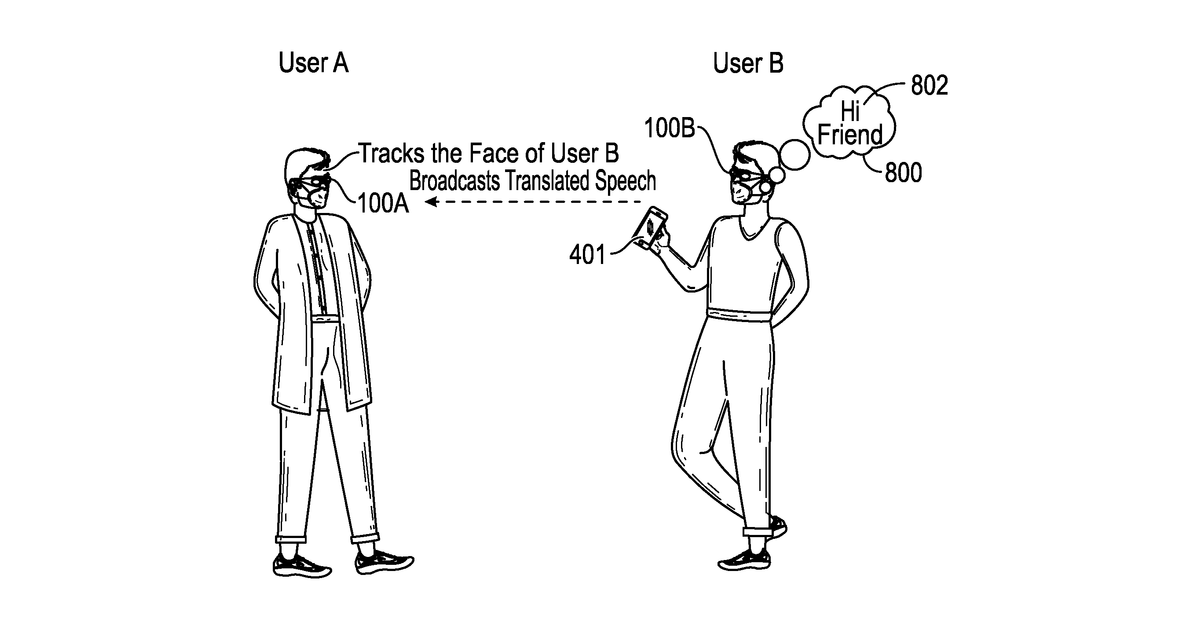 Patent drawing for Augmented reality eyewear with speech bubbles and translation