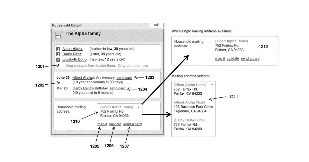 Patent drawing for System, method and graphical user interface for managing contacts and calendars within an online card system