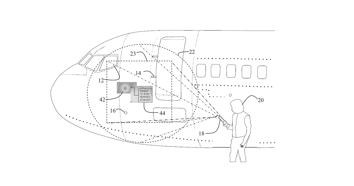 Patent drawing for Projecting airplane location specific maintenance history using optical reference points