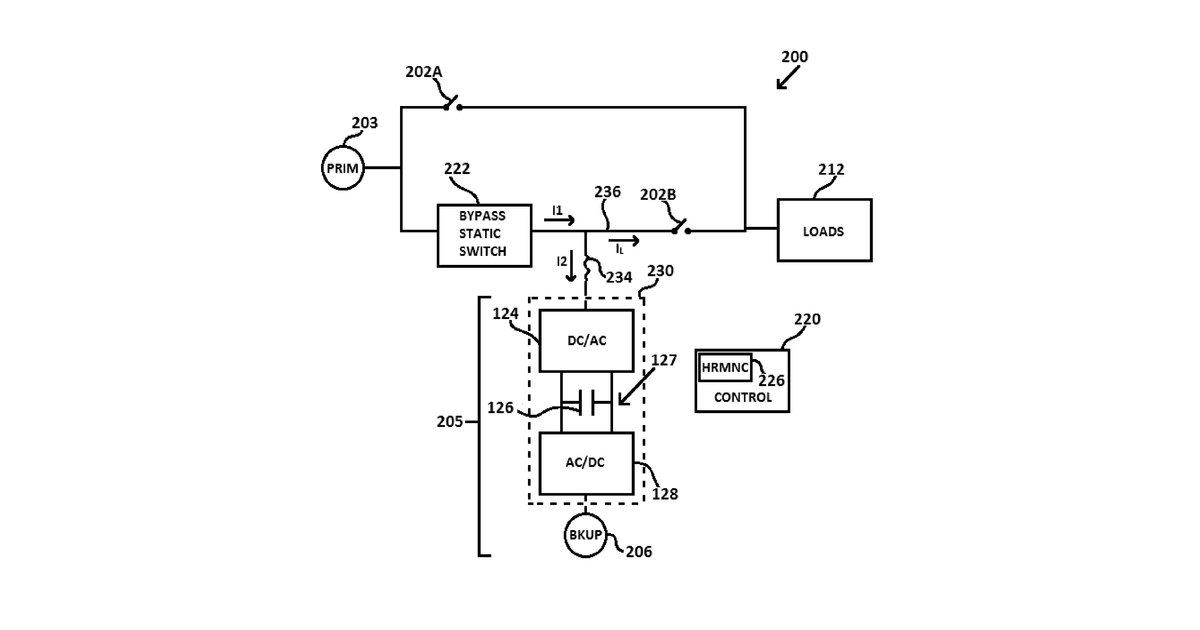 Patent drawing for Apparatus and methods for control of load power quality in uninterruptible power systems