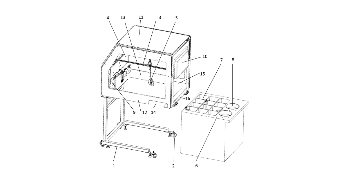 Patent drawing for Restaurant food assembler robot with sequence and ingredient matrix optimization to increase thruput with dynamic batch size of orders plated