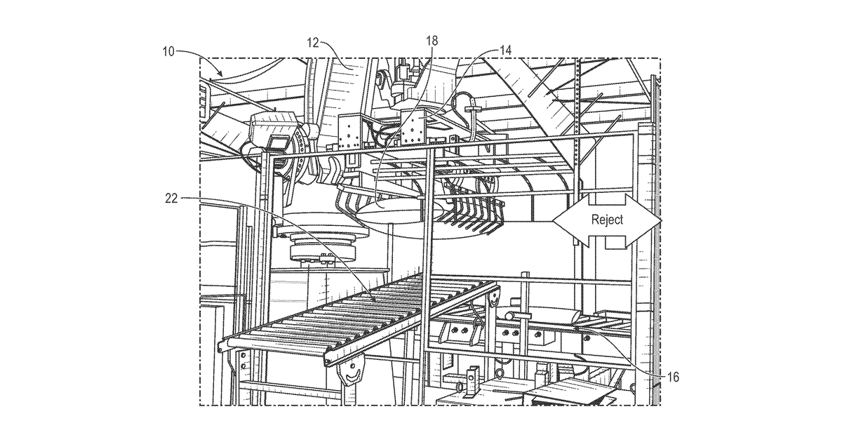 Patent drawing for Robotically manipulated container gripper and related systems and methods