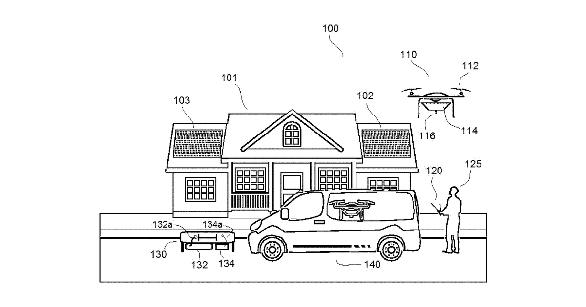 Patent drawing for Drone systems for cleaning solar panels and methods of using the same