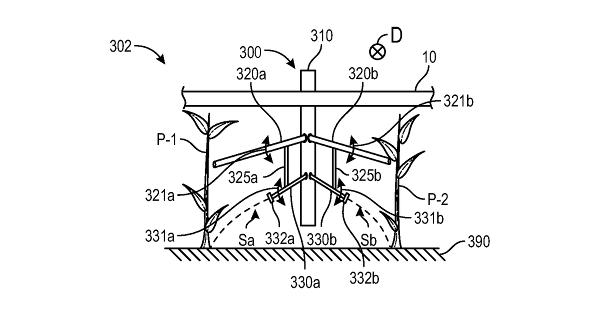 Patent drawing for Implements and application units for placement of applications with respect to agricultural plants of agricultural fields