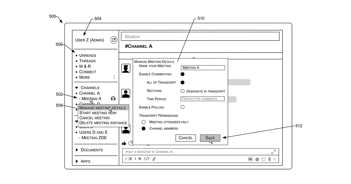 Patent drawing for Communication platform interactive transcripts