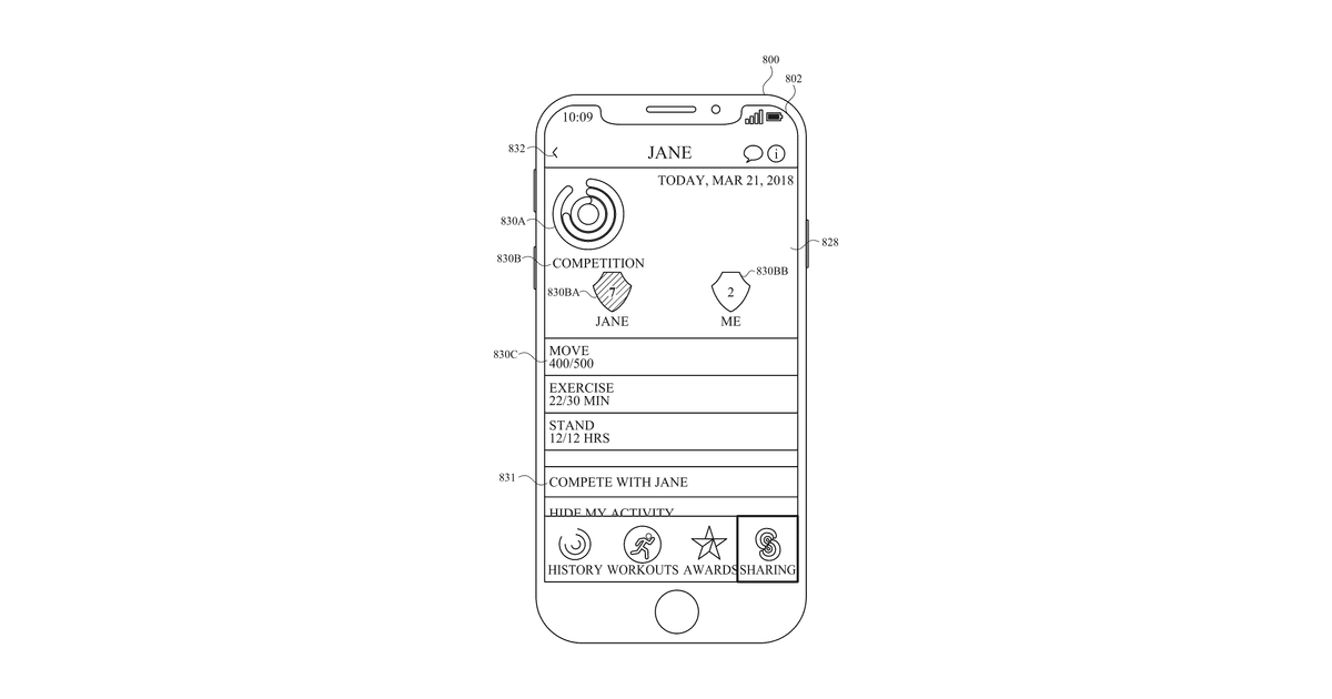 Patent drawing for Displaying user interfaces associated with physical activities