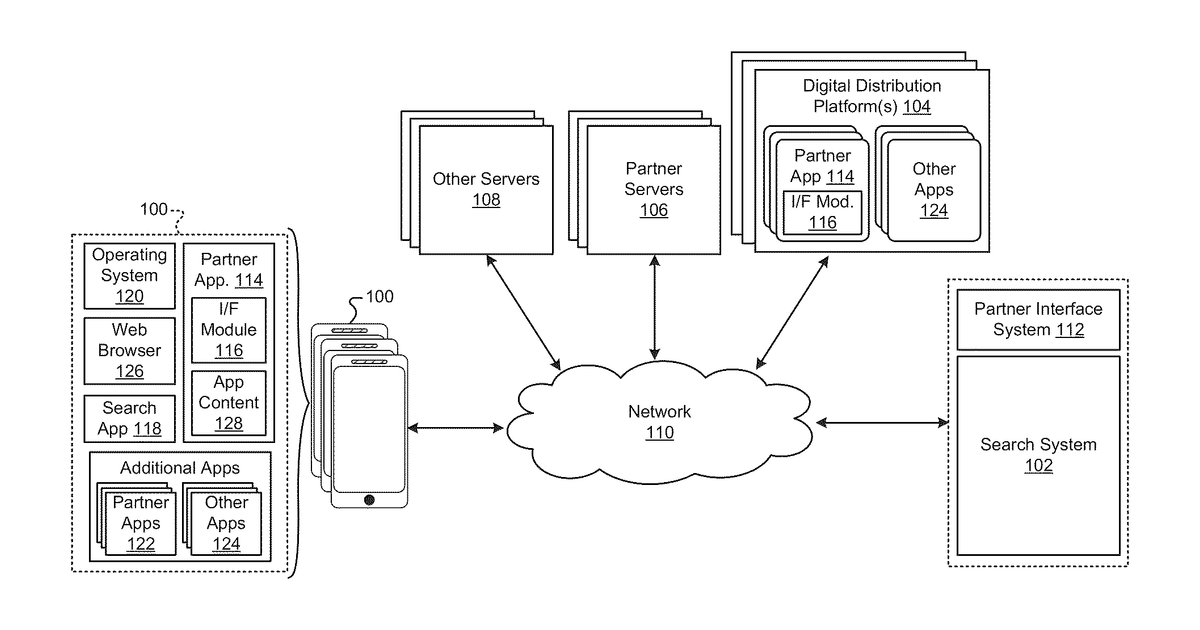 Patent drawing for Techniques for searching using target applications