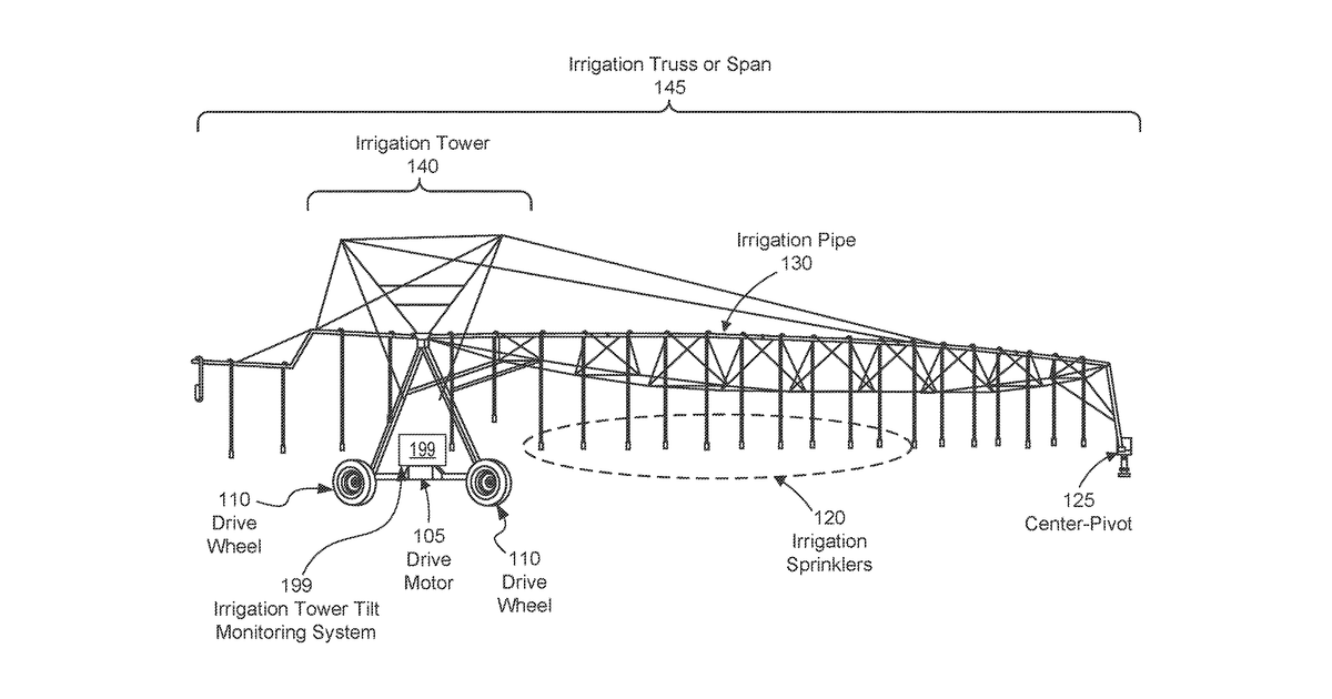 Patent drawing for Systems, methods, and apparatuses for implementing tilt monitoring and automatic safety shut-off for self-propelled irrigation towers