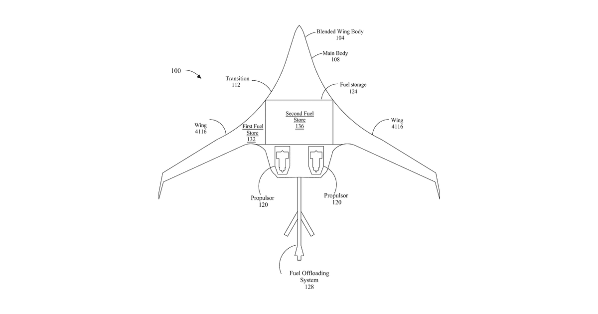 Patent drawing for Tanker aircraft for long-distance travel