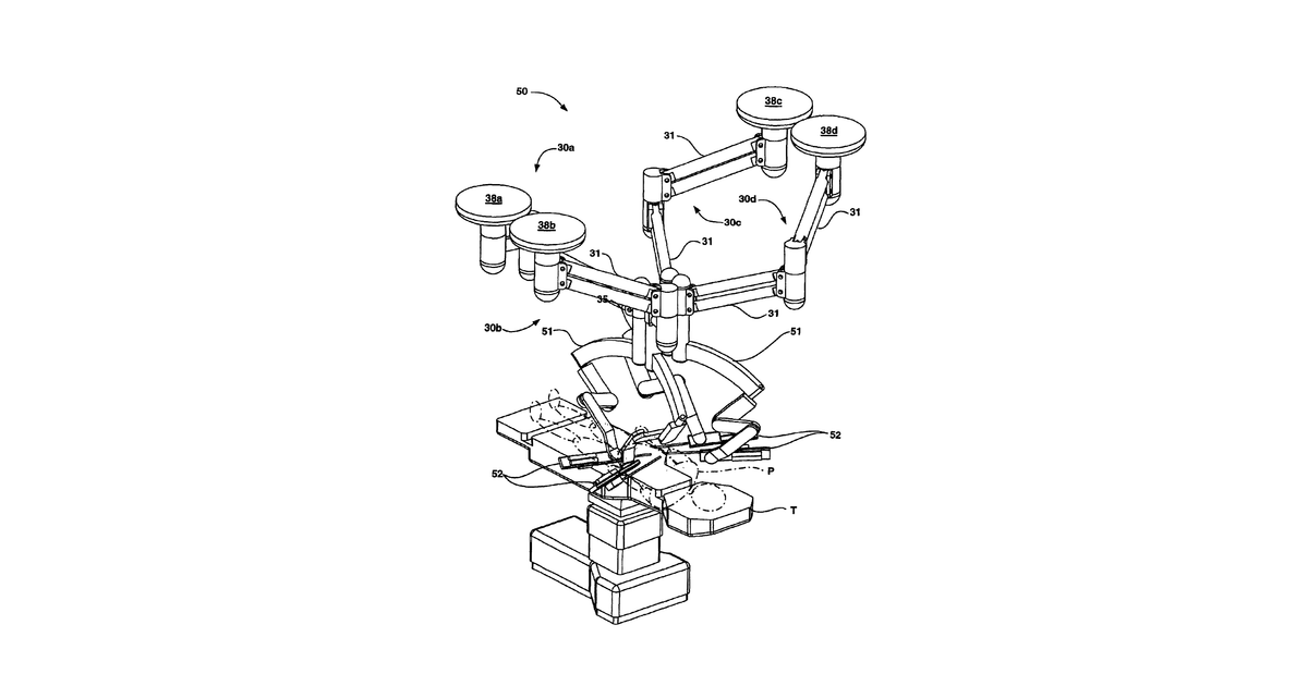 Patent drawing for Ceiling and floor mounted surgical robot set-up arms