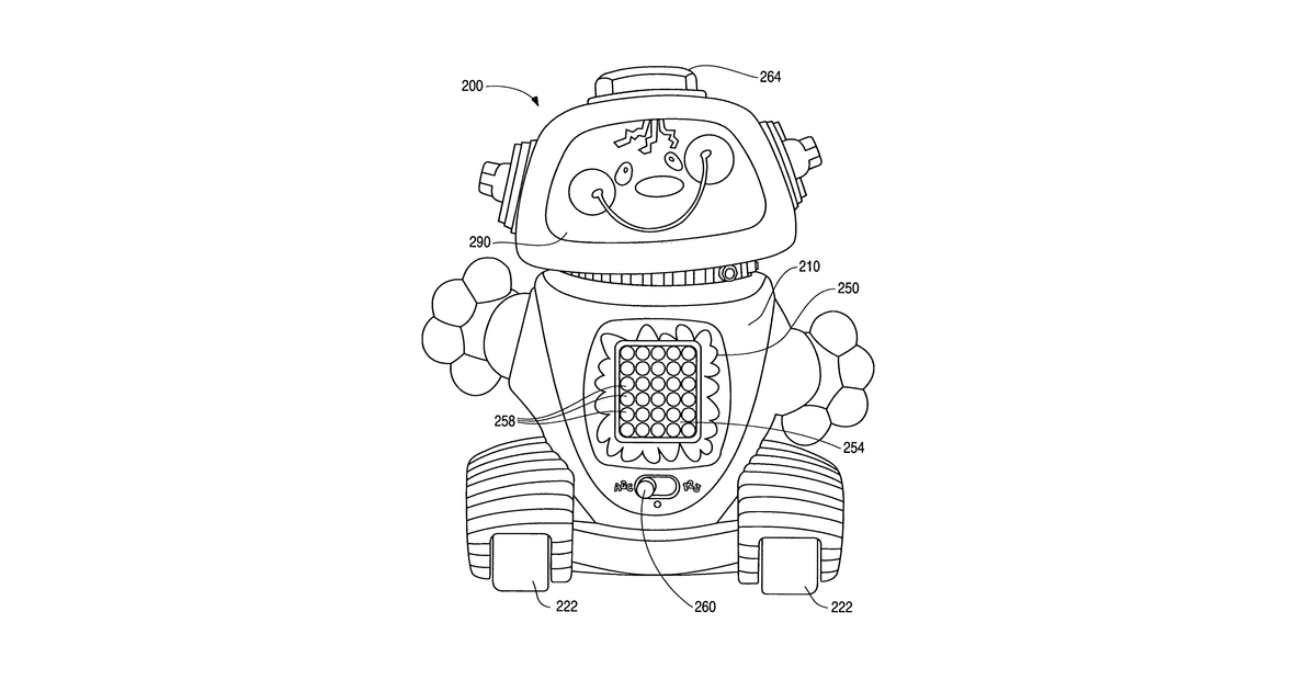 Patent drawing for Moveable toy with corresponding audio and visual outputs
