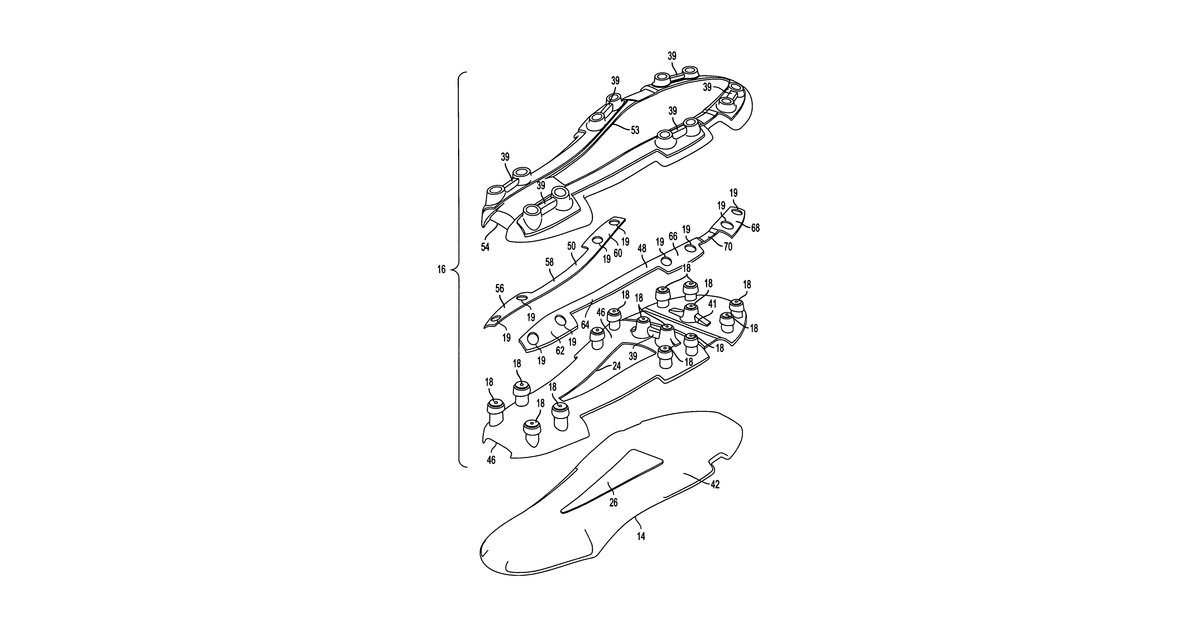 Patent drawing for Soccer shoe having independently supported lateral and medial sides