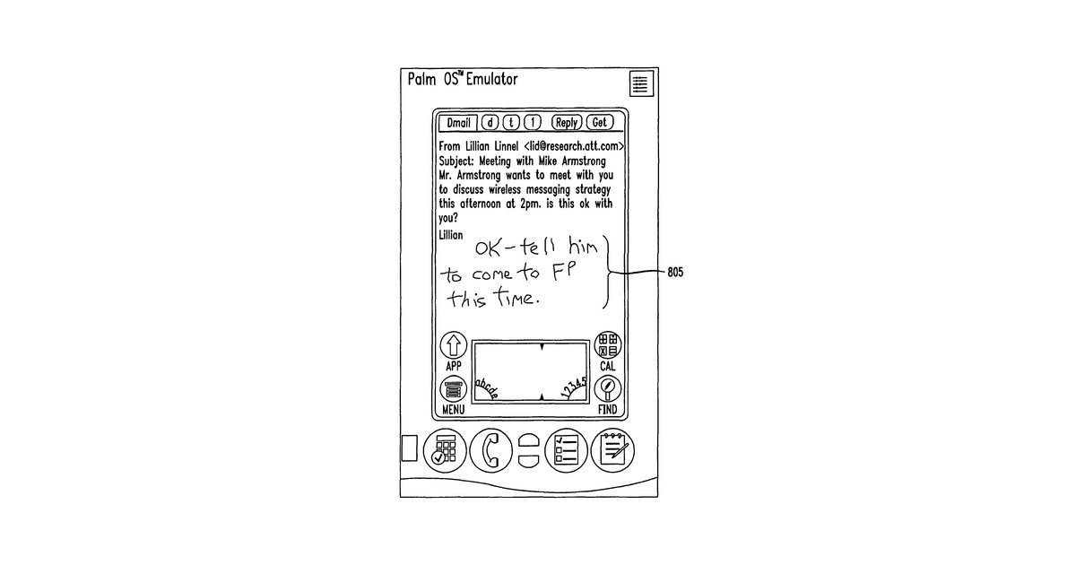 Patent drawing for Method and system for handwritten electronic messaging