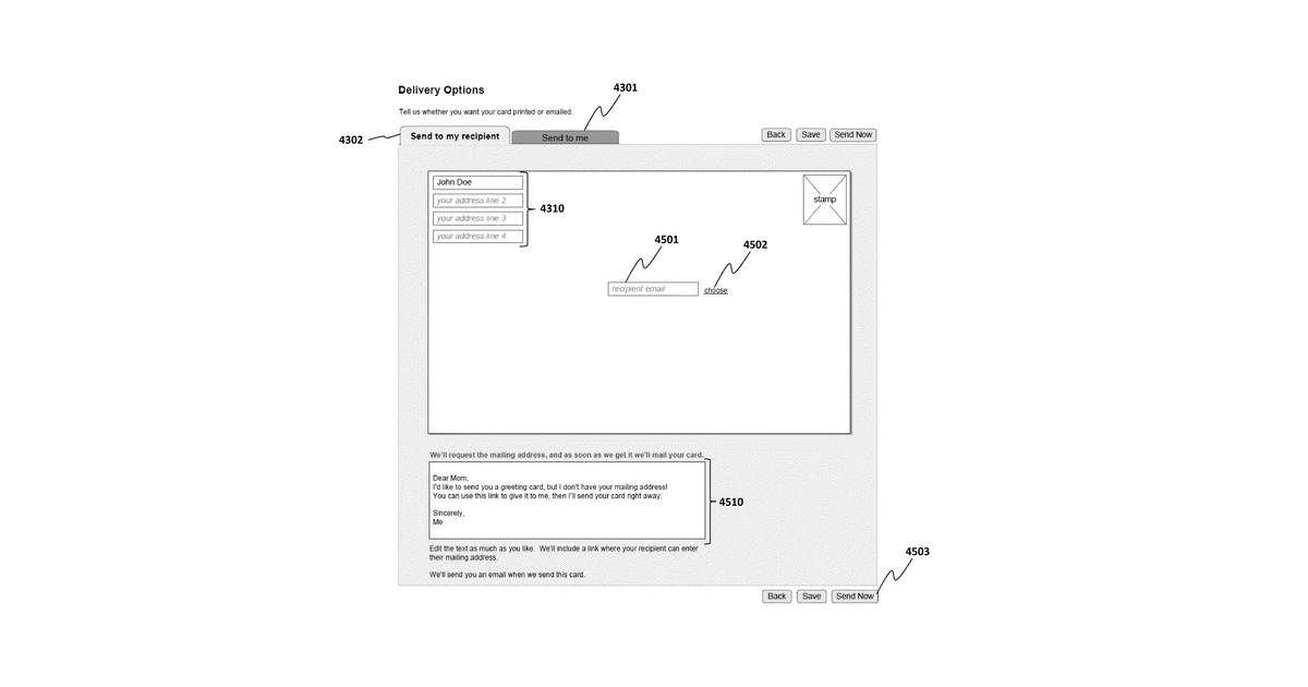 Patent drawing for System, method and graphical user interface for managing contacts and calendars within an online card system