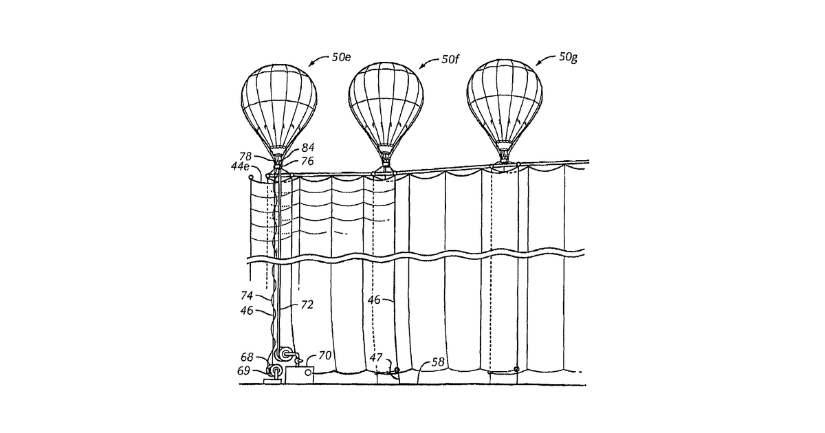 Patent drawing for Unguided missile and projectile defense shield supported by tethered balloons