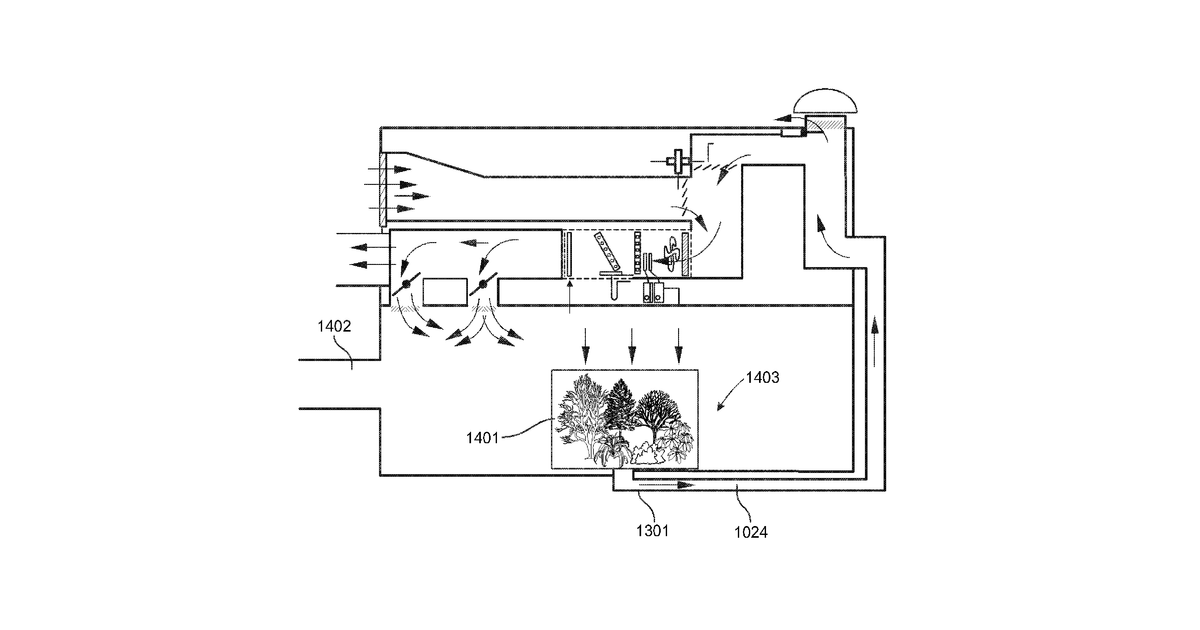 Patent drawing for Micro-irrigation device, system, and method for plant-based cleaning of indoor air and filter bed bioregeneration