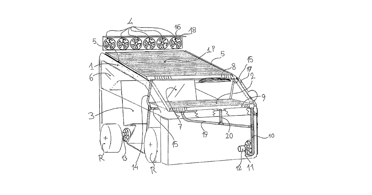 Patent drawing for Electric vehicle having a battery configured for recharging via an on-board generator powered by renewal energy sources