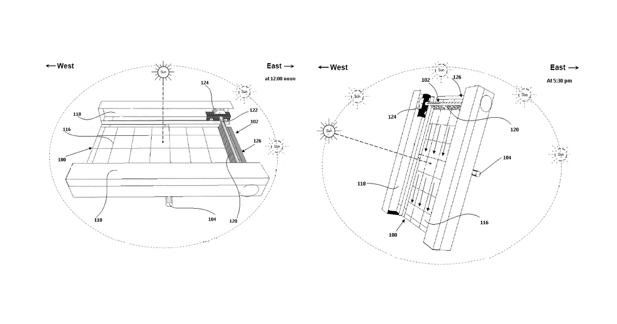 Patent drawing for Sun tracking mechanism with automated cleaning arrangement for solar panel