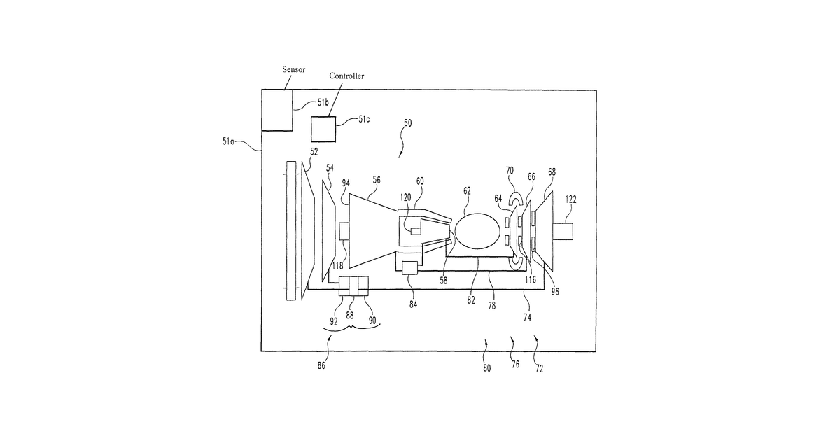 Patent drawing for Three spool gas turbine engine having a clutch and compressor bypass