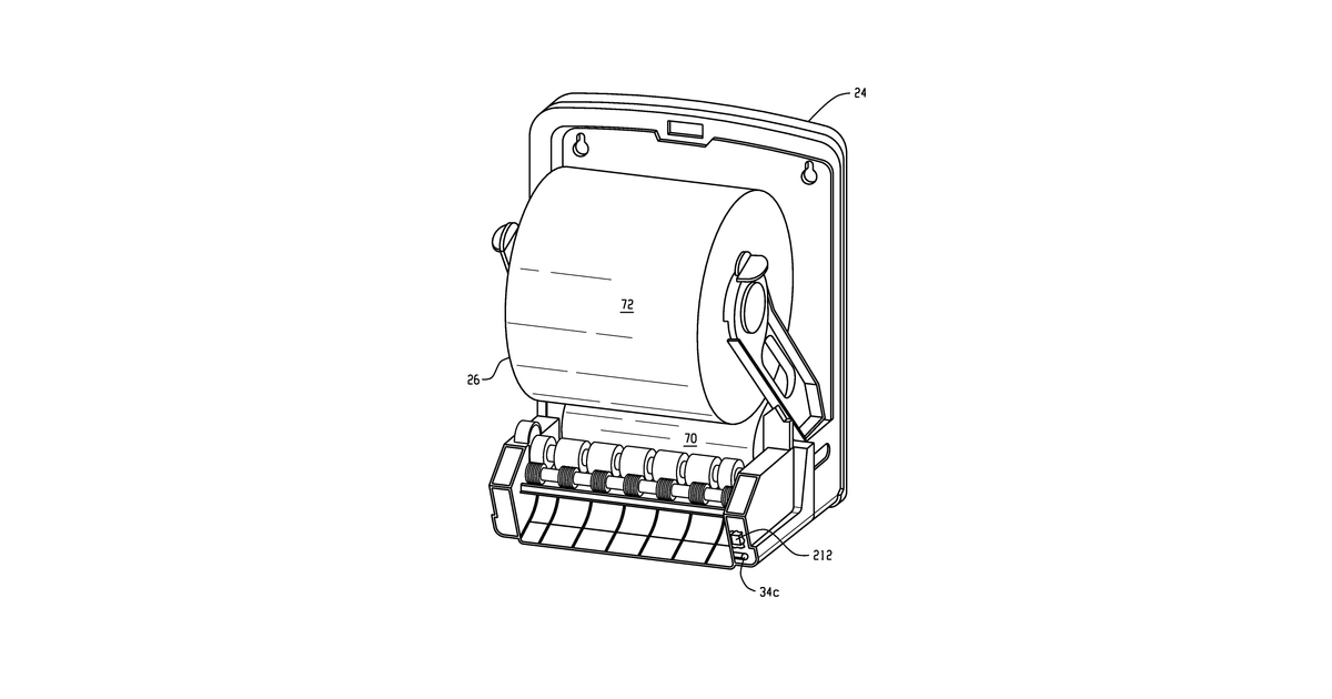 Patent drawing for Sheet product dispenser with auxiliary feed button