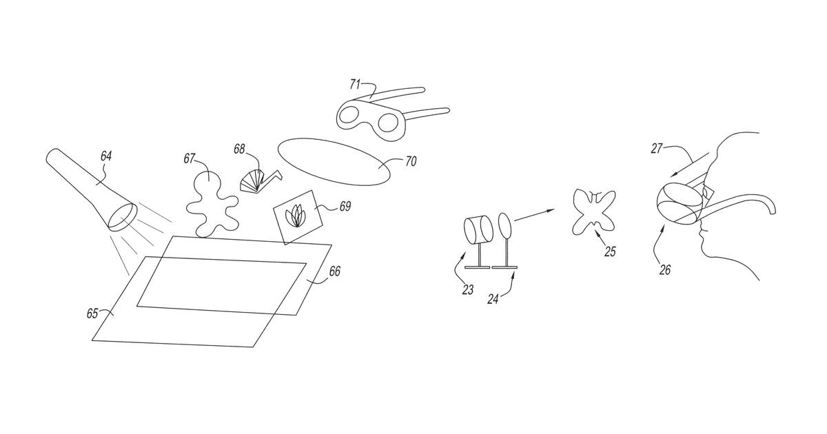 Patent drawing for Optical art kits and puppets with origami cellophane, adhesive tape, photoelastic models, polariscopes, knitting, and diffraction films