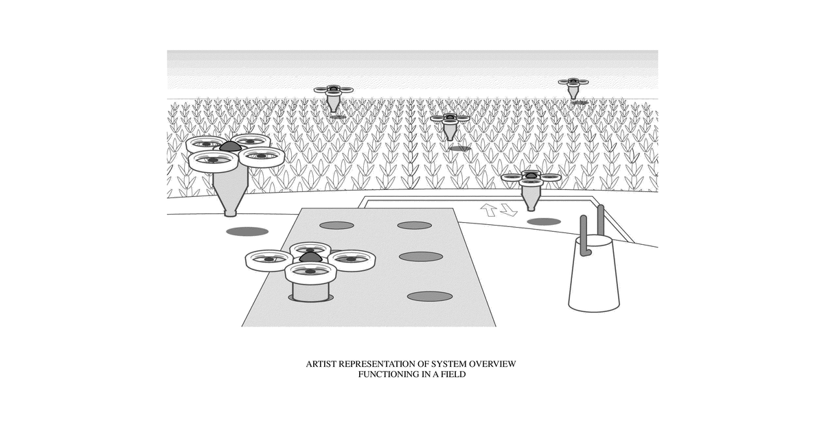 Patent drawing for Aerial farm robot system for crop dusting, planting, fertilizing and other field jobs