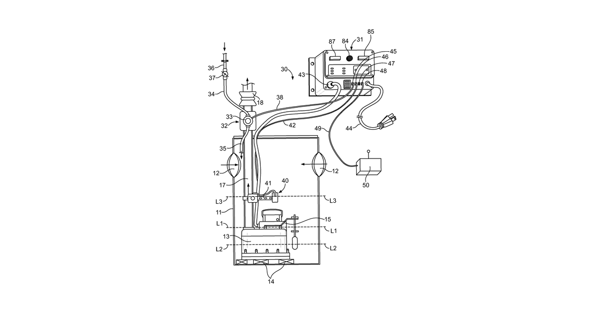 Patent drawing for Test and monitoring system for a sump pump installation having a self-protecting valve assembly for admitting water to the sump container