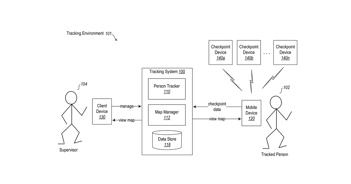 Patent drawing for Tracking systems and methods for remotely tracking a location of a person on a map of a monitored premise