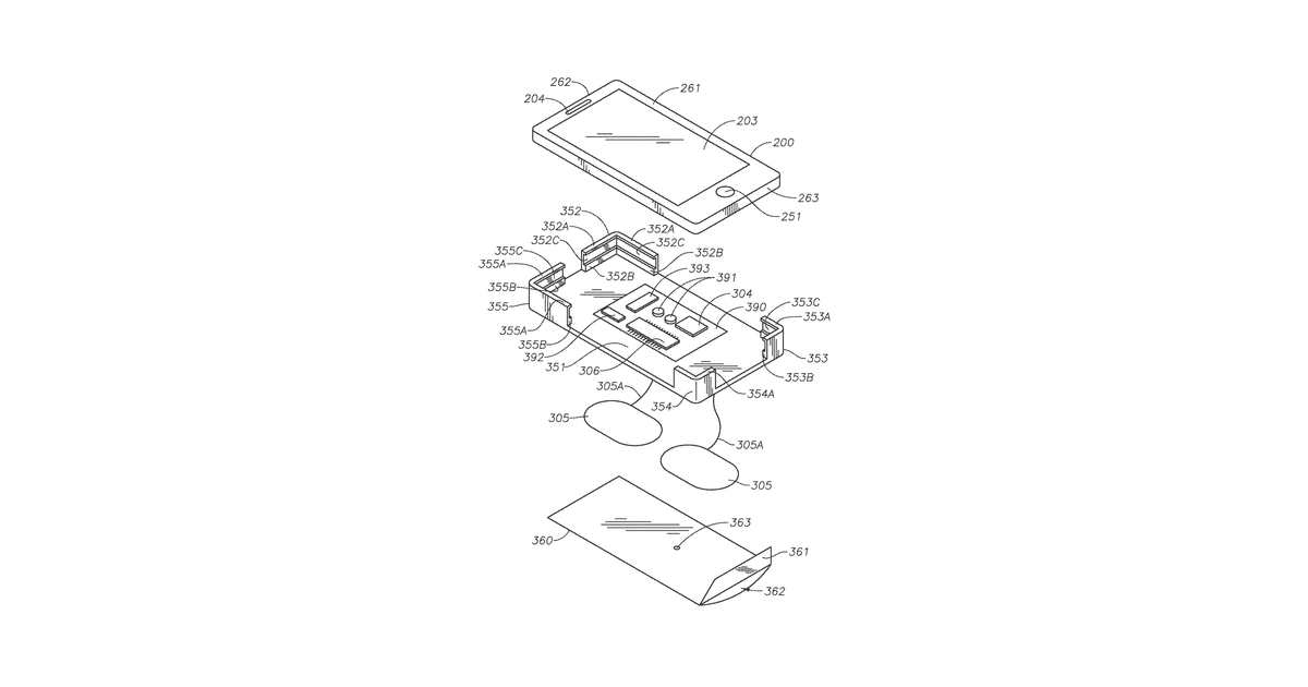 Patent drawing for Systems, protective casings for smartphones, and associated methods to enhance use of an automated external defibrillator (AED) device